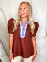 Load image into Gallery viewer, Sweet Touch Brown Contrast Blouse
