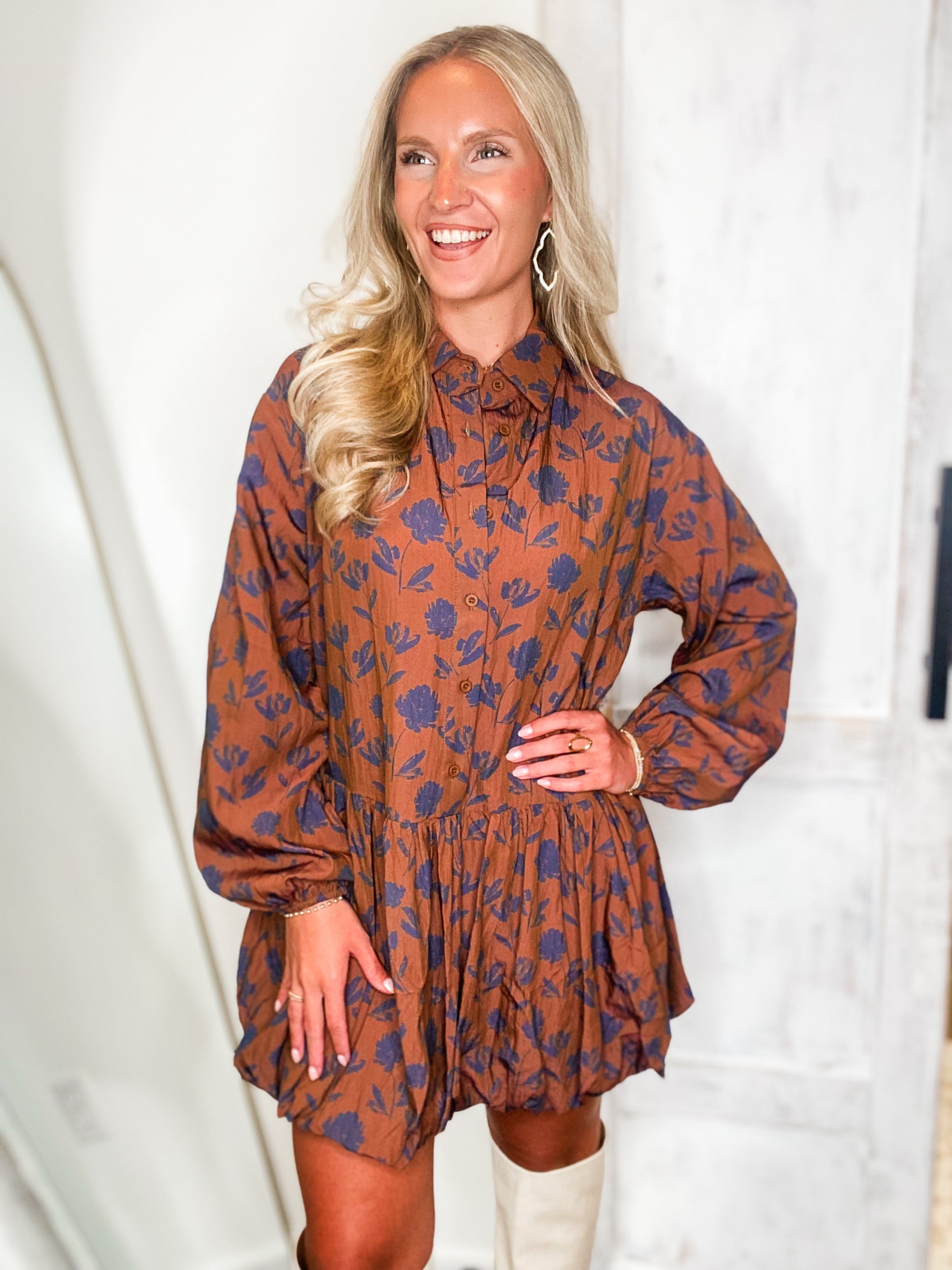 All For You Chestnut Floral Bubble Mini Dress