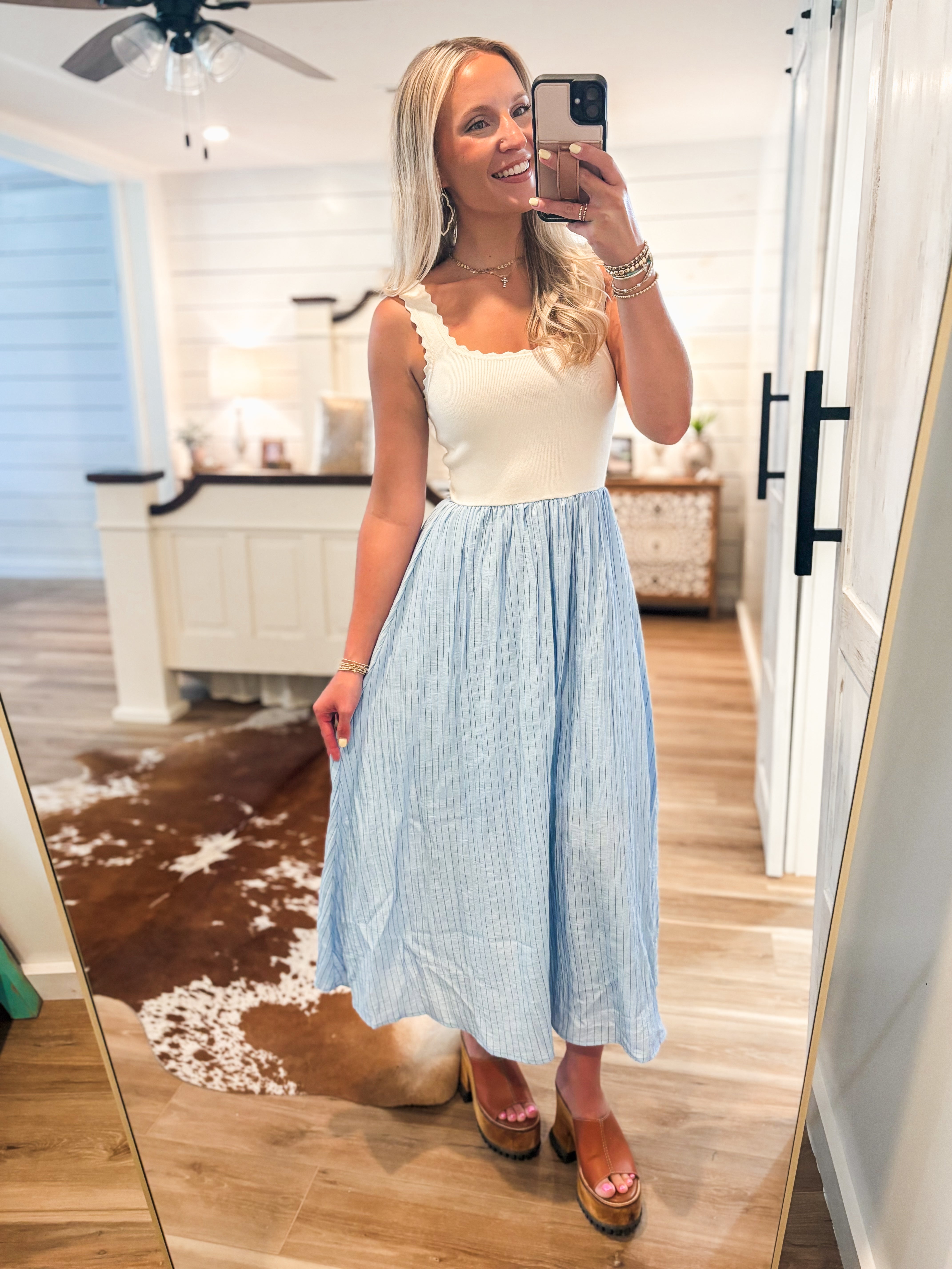 Above This Taupe & Blue Pin Stripe Midi Dress