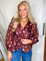 Load image into Gallery viewer, Brown/Pink Polka Dot Baby Doll Blouse
