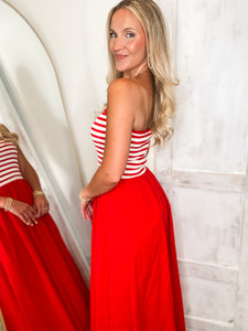 Midsummer Meeting Red Stripe Strapless Maxi Dress