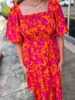 Load image into Gallery viewer, Living The Dream Orange &amp; Magenta Floral THML Midi Dress
