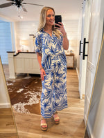 Load image into Gallery viewer, Secret Getaway Royal Blue Palm Blouse &amp; Pant Set
