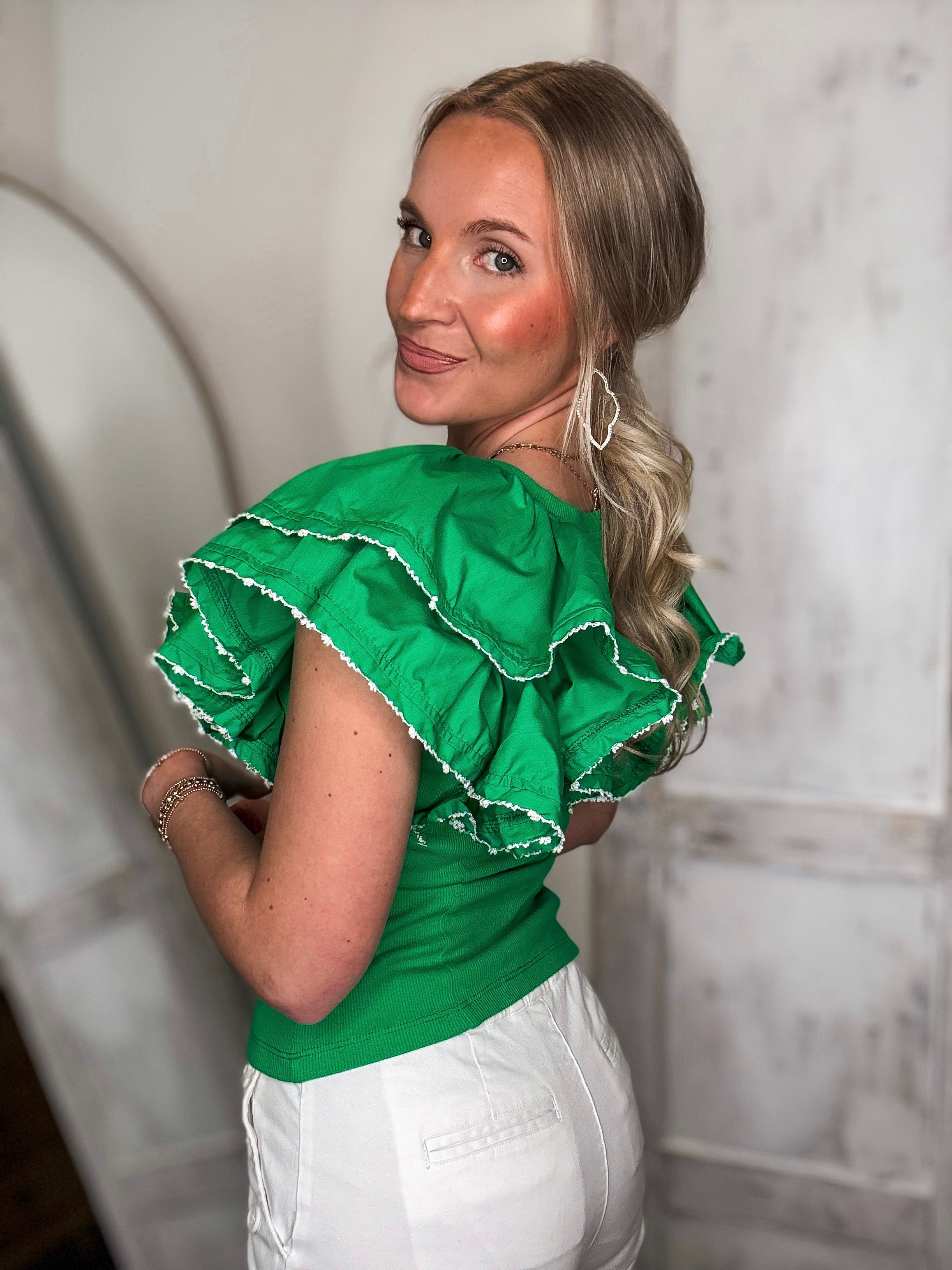 What If Kelly Green Ruffle Sleeve Blouse
