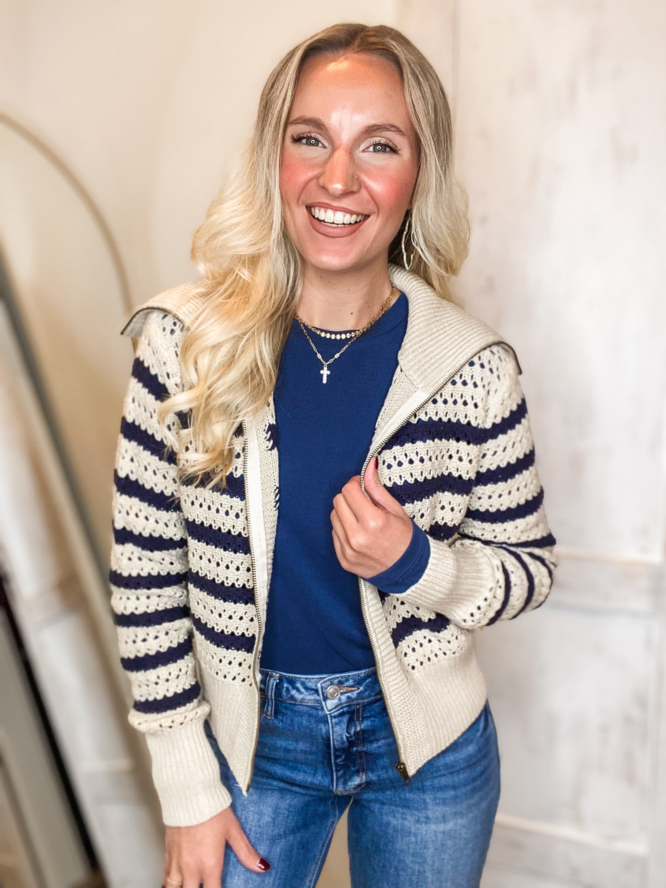 Bring It Oat & Navy Stripe Knit Jacket