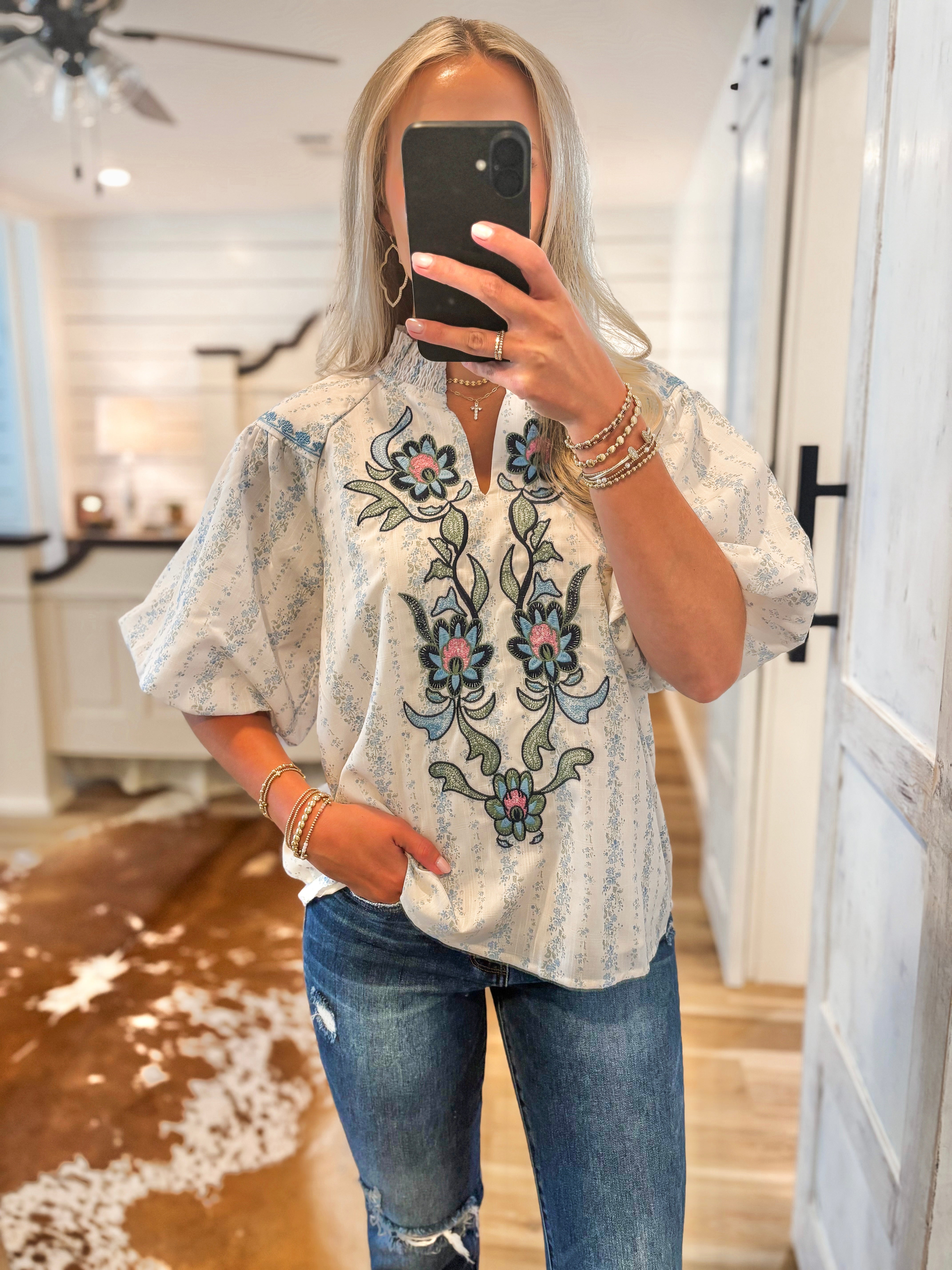 Future Plans Powder Blue Embroidered Blouse
