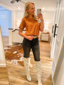 In It All Camel Faux Leather Knit Blouse