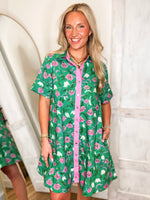 Load image into Gallery viewer, Here To See Kelly Green/Pink Botanical Mini Dress
