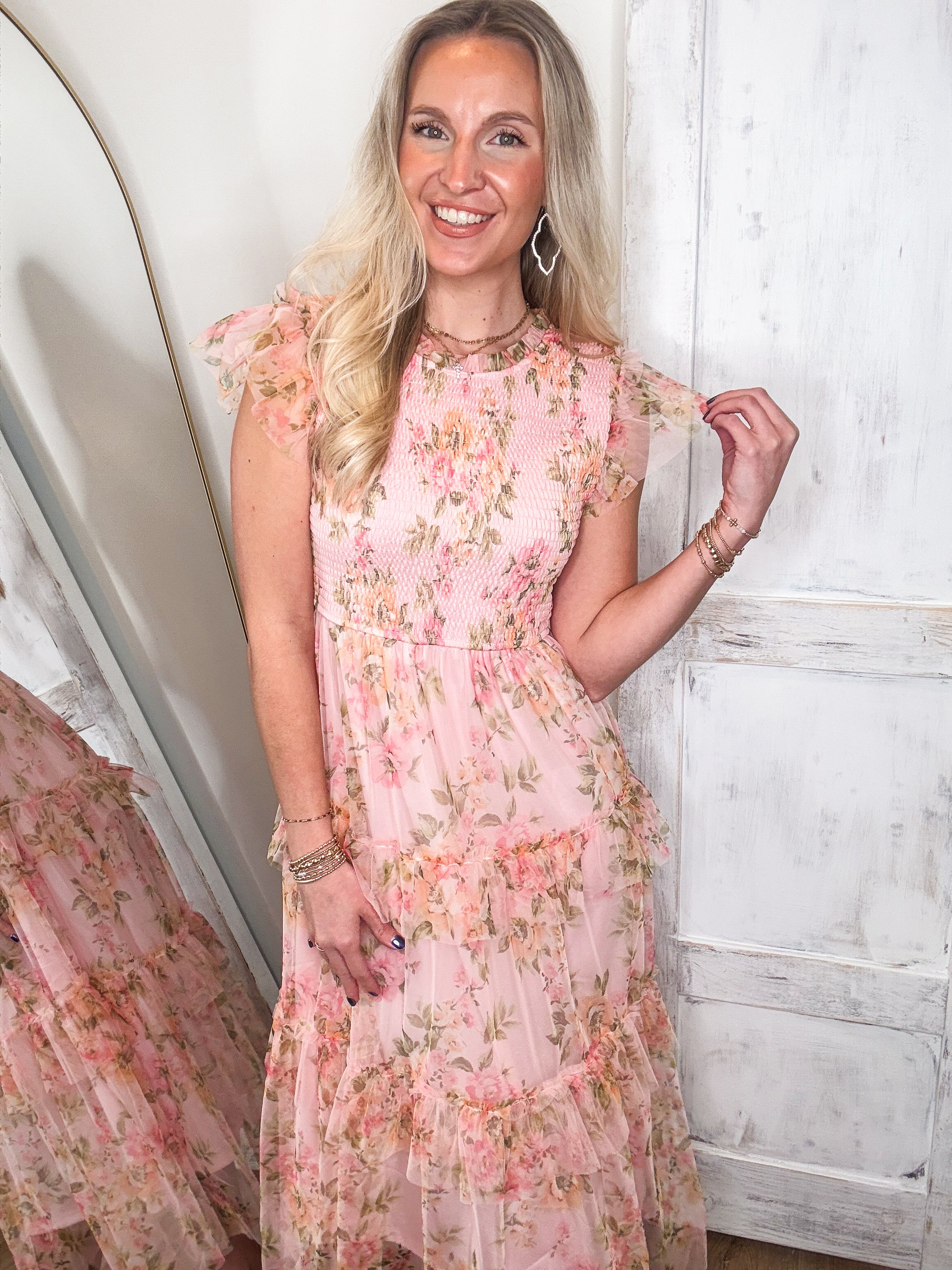 Closer View Light Pink Floral Midi Dress