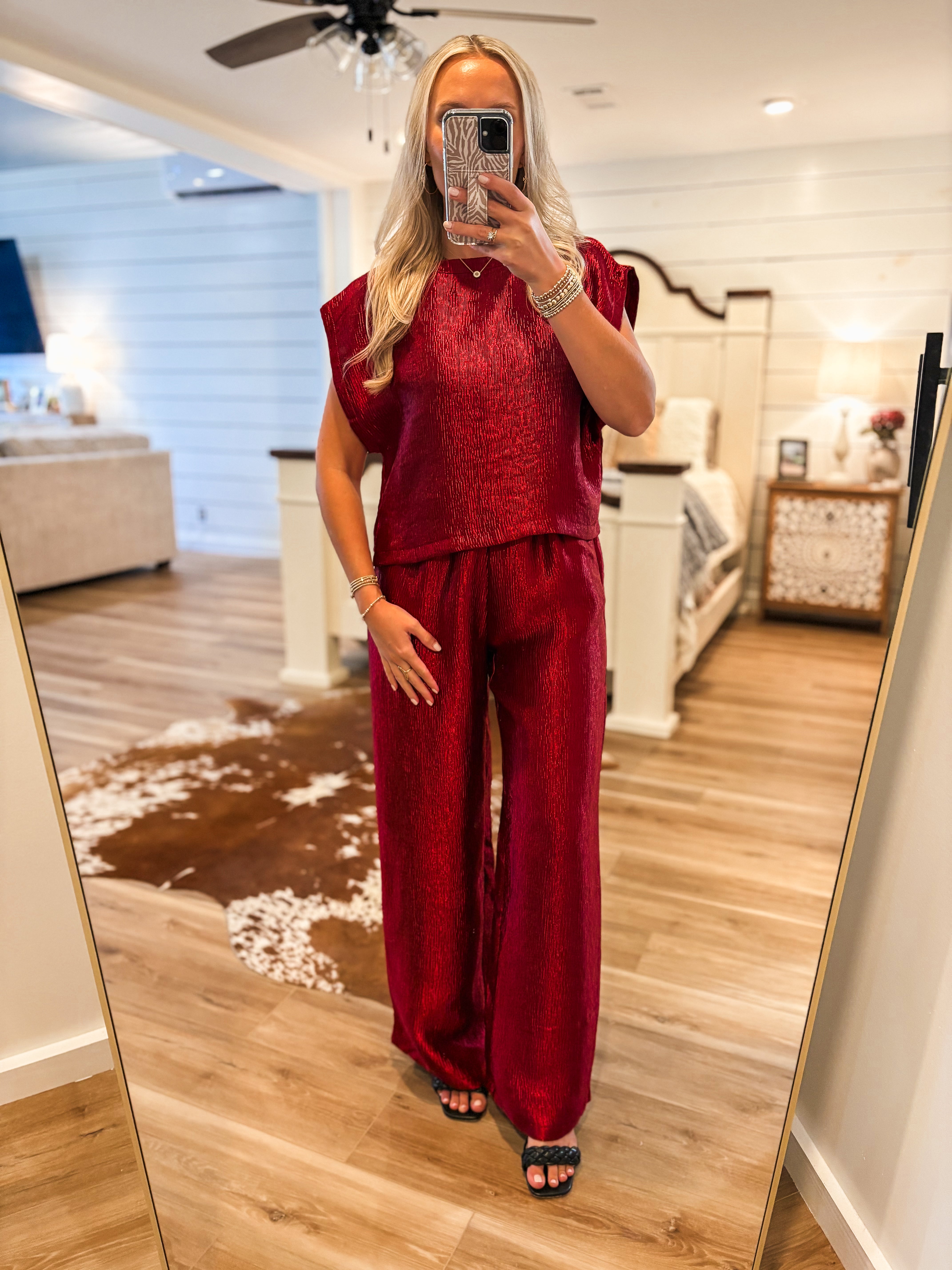 Next Stop Red Cropped Blouse & Palazzo Pant Set