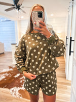Load image into Gallery viewer, Plans In Place Olive Polka Dot Pullover &amp; Shorts Set
