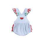 Load image into Gallery viewer, Light Blue Seersucker and Gingham Watermelon Ruffle Romper
