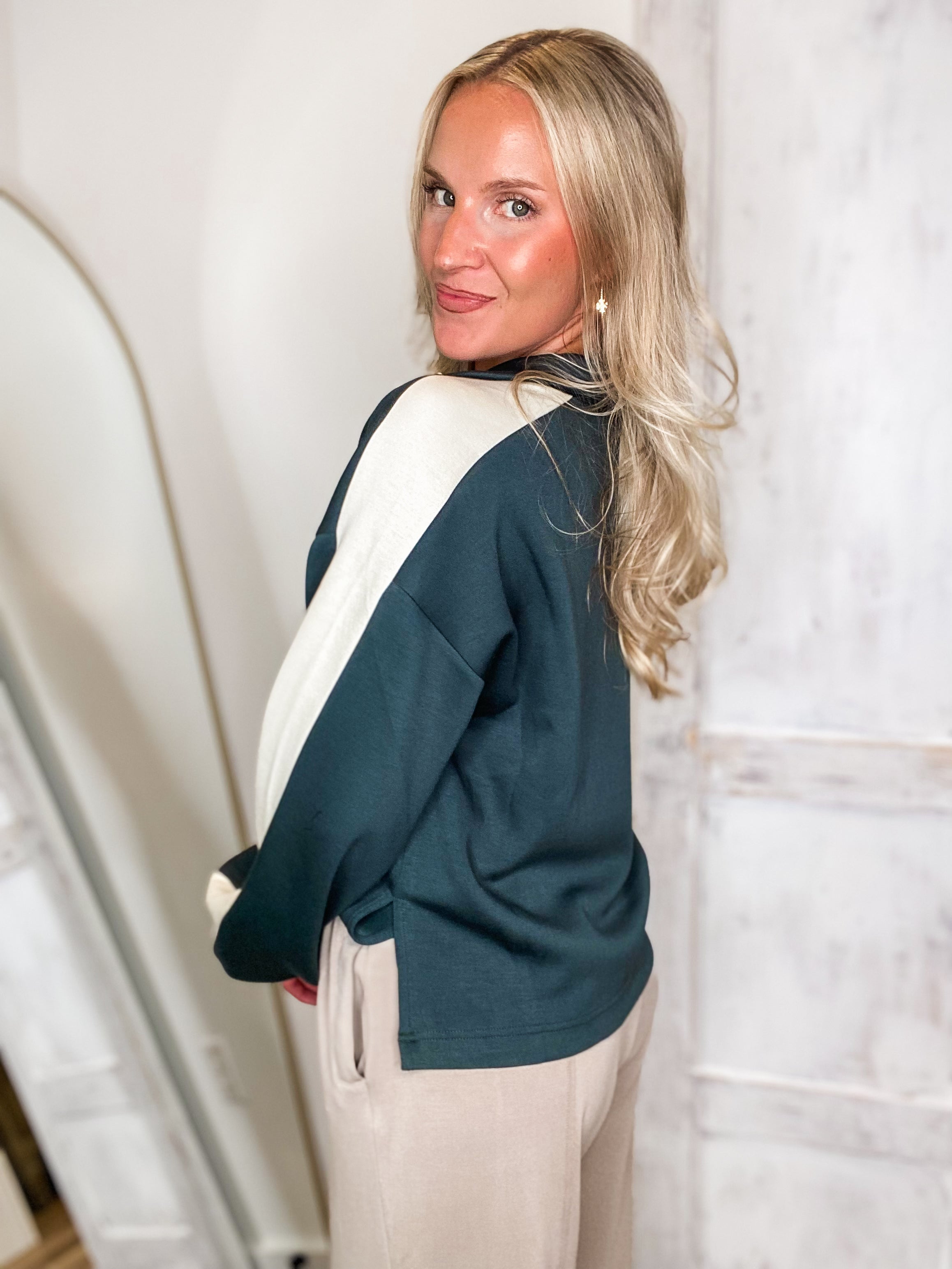 Almost There Teal Contrast Luxe Knit Pullover