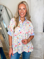 Load image into Gallery viewer, New Day Blue Floral Mix Button Down Blouse
