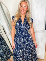 Load image into Gallery viewer, Here For This Navy Floral Front Zip Midi Dress
