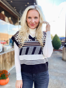 Once Again Black & Ivory Printed Sweater Vest Blouse