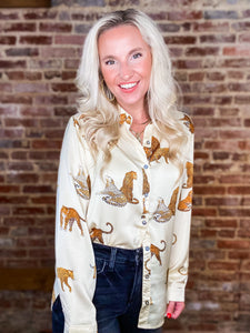 Never Leave Ivory Graphic Leopard Button Down Blouse