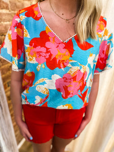 I'll Be There Aqua and Red Floral Blouse