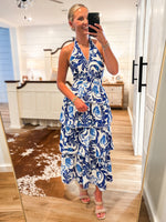 Load image into Gallery viewer, Weekend Bliss Royal Blue Floral Halter Maxi Dress
