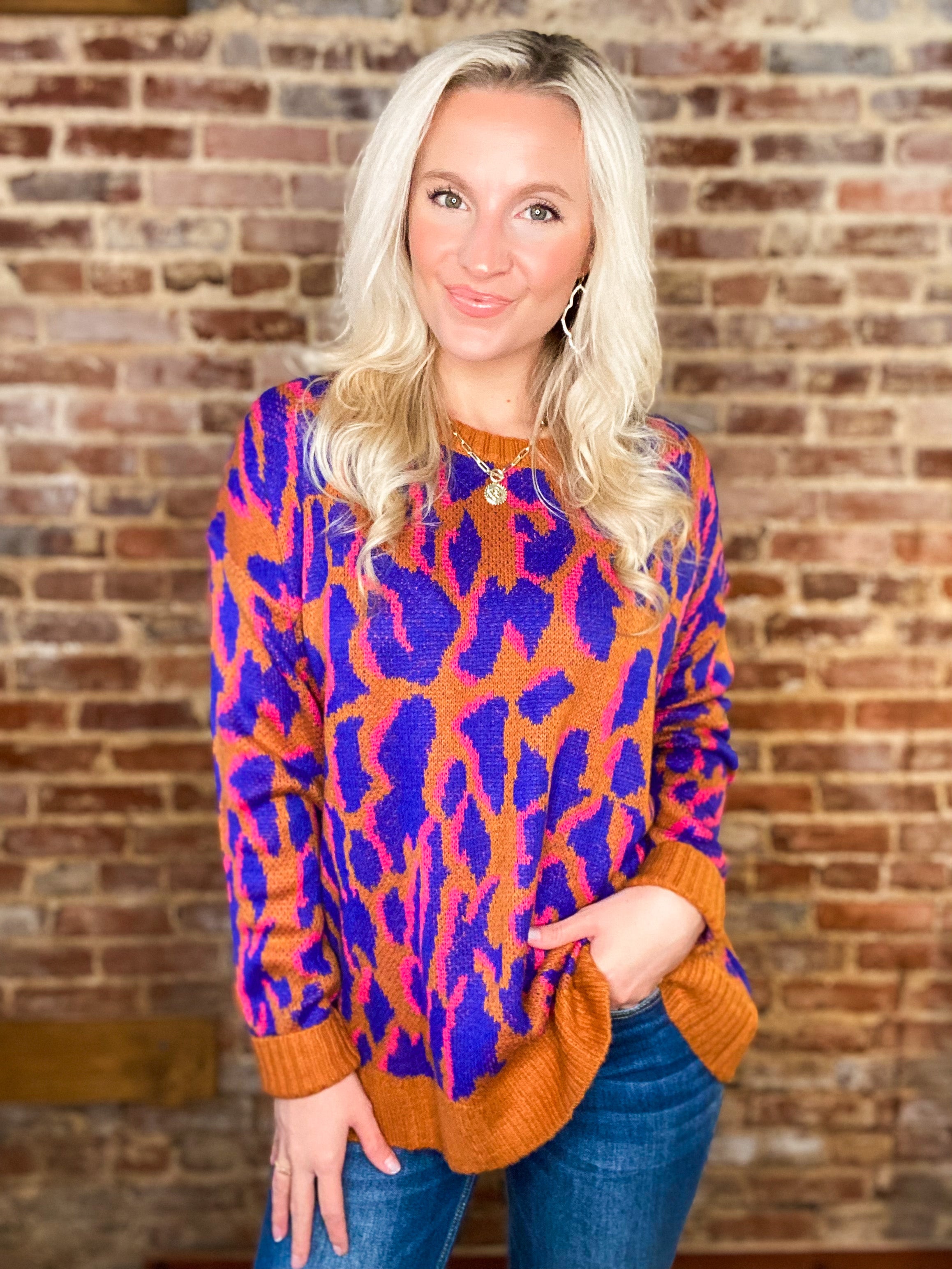 End It Right Rust & Royal Blue Animal Print Sweater