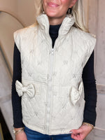 Load image into Gallery viewer, Take The Loop Bow Printed Cream Puffer Vest
