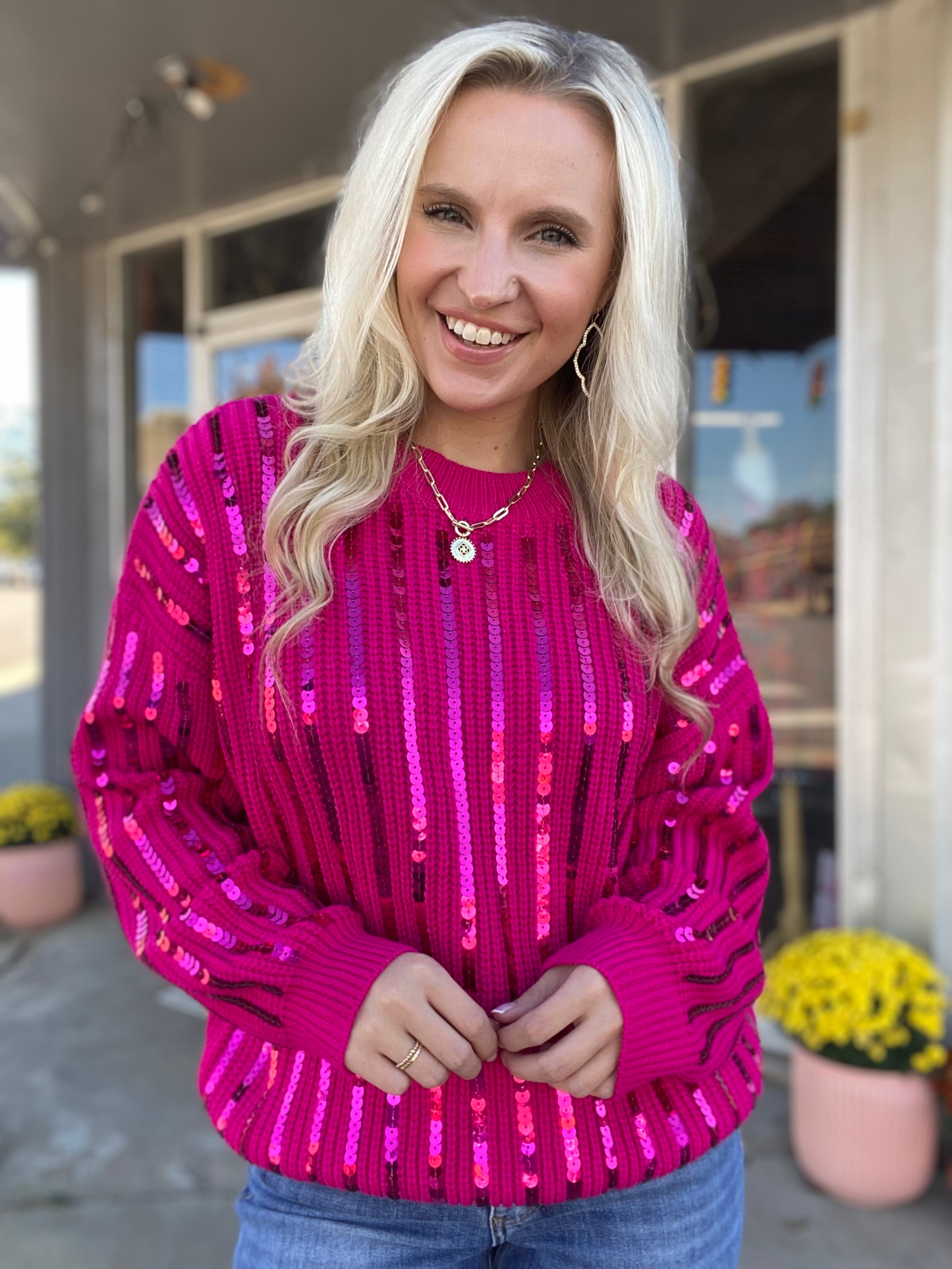 Won My Heart Fuchsia Knitted Sequin Sweater