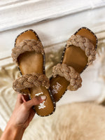 Load image into Gallery viewer, Don&#39;t Get It Twisted Champagne Crystal Corkys Sandal
