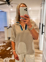 Load image into Gallery viewer, Loving Me Brown Stripe Contrast Blouse
