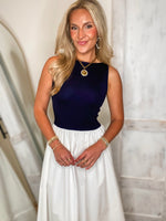 Load image into Gallery viewer, Meeting Here Navy/White Knit Midi Dress

