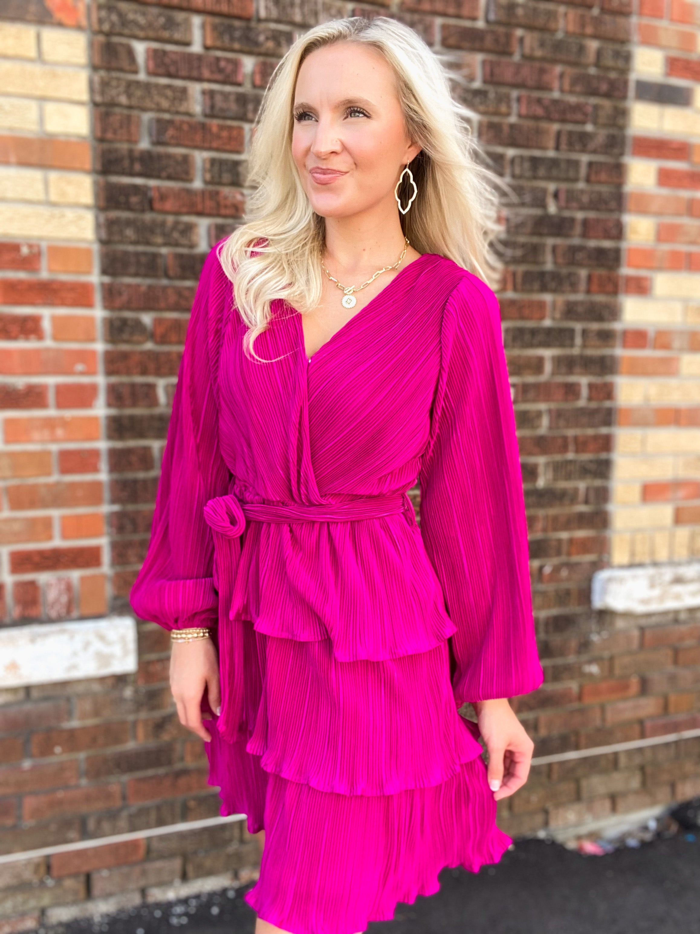 Calling In Favors Magenta Pleated Ruffle Dress