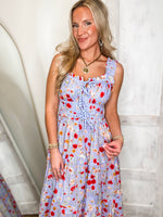 Load image into Gallery viewer, There She Goes Blue Floral Contrast Midi Dress
