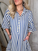 Load image into Gallery viewer, Choosing Myself Blue &amp; Taupe Stripe Mini Dress
