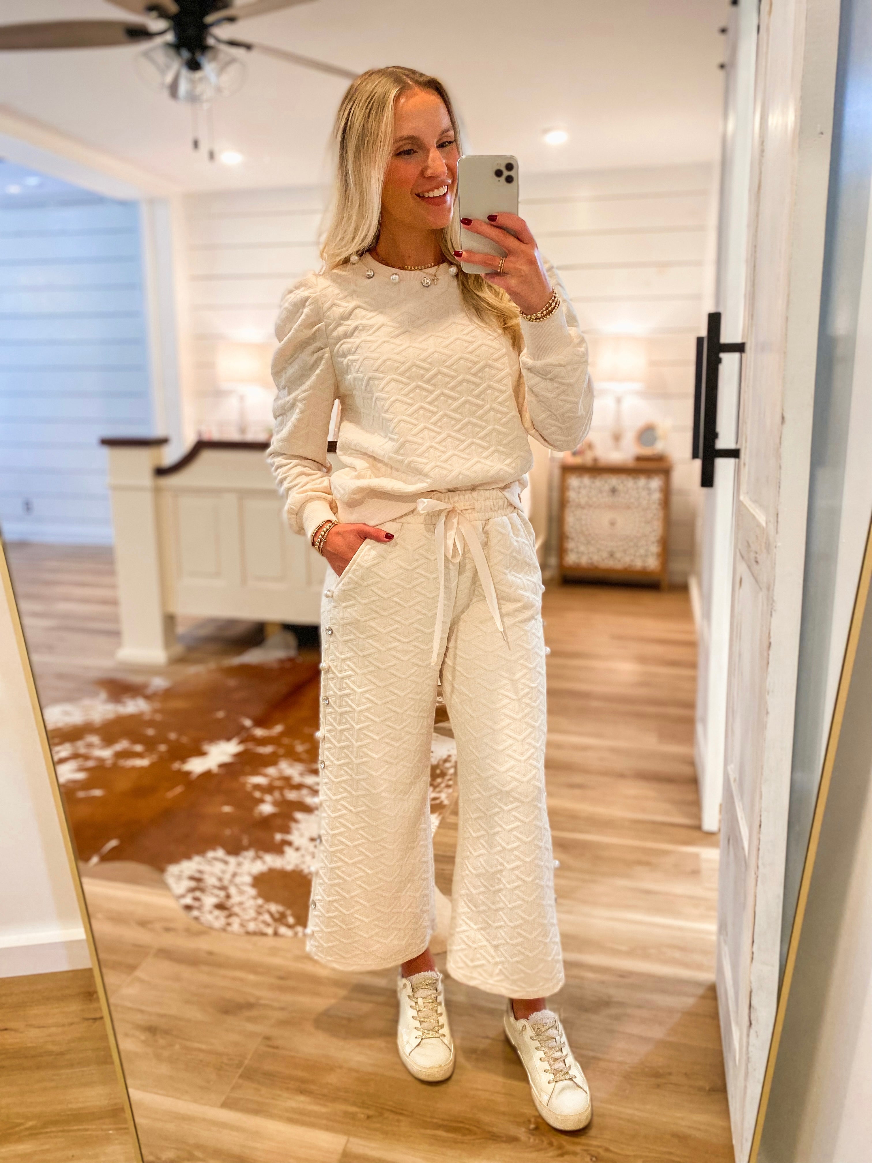 Shining Bright Pearl/Jewel Embellished Ivory Lounge Pants