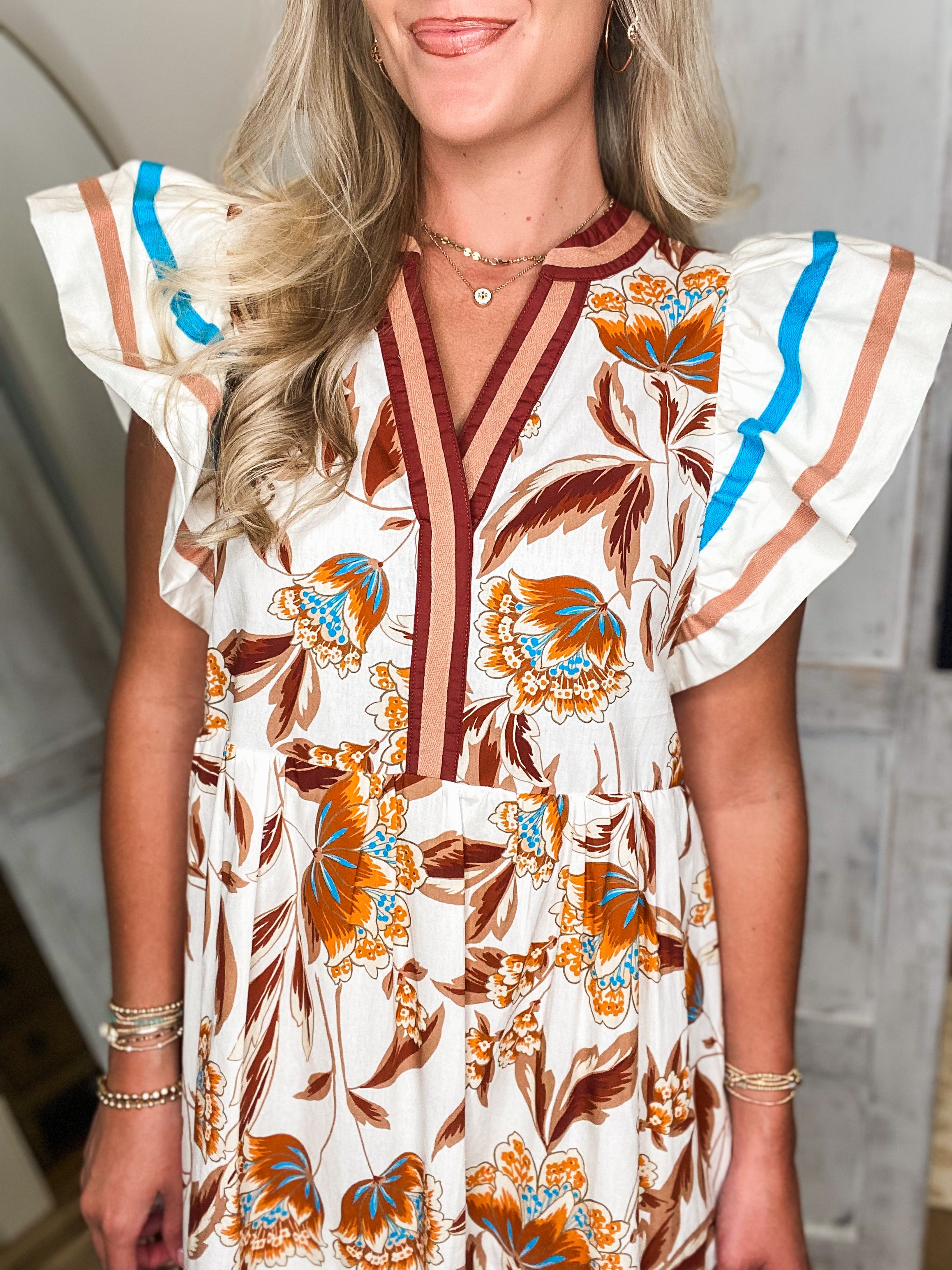 A Day Out Ivory & Rust Floral Midi Dress