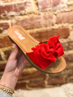 Load image into Gallery viewer, Red Canvas Spray Tan Corkys Slide Sandal
