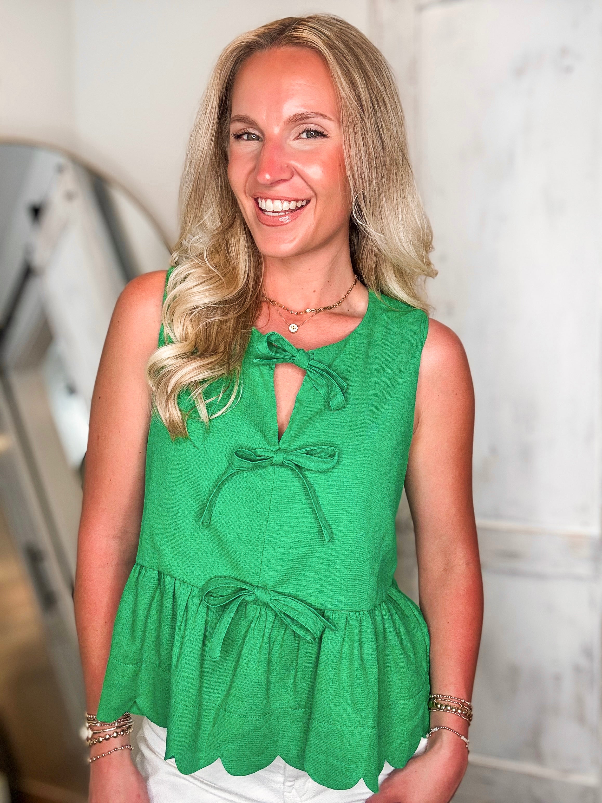 Complete Gratitude Kelly Green Linen Bow Tank