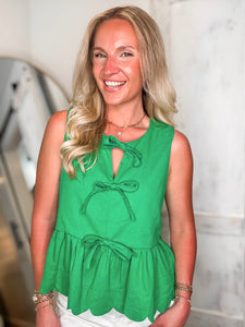 Complete Gratitude Kelly Green Linen Bow Tank