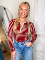 Load image into Gallery viewer, Stay True Burgundy &amp; Taupe Stripe Henley Top
