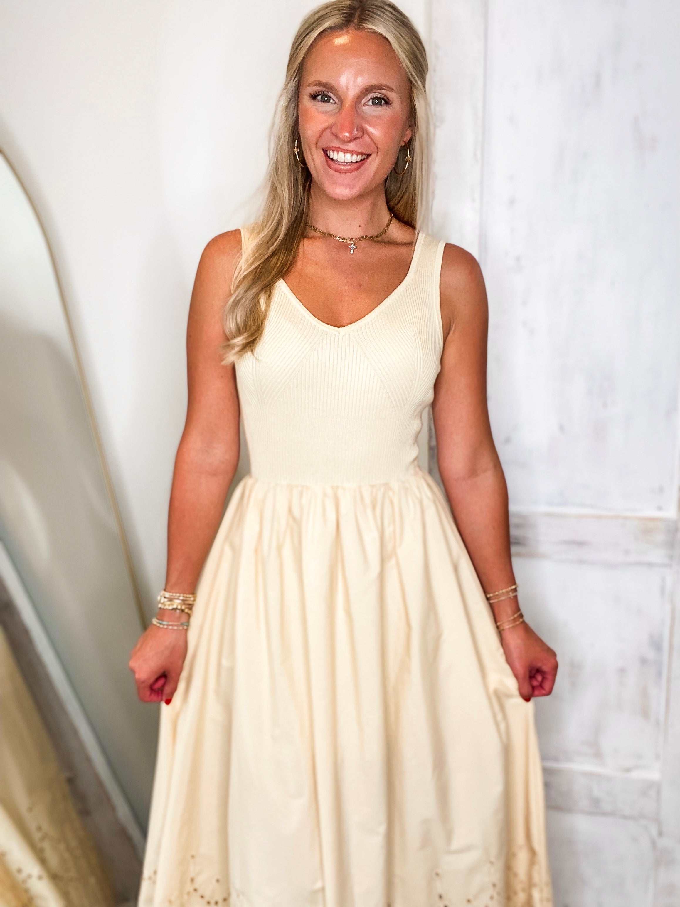 Sentimental Feeling Butter Yellow Eyelet Midi Dress