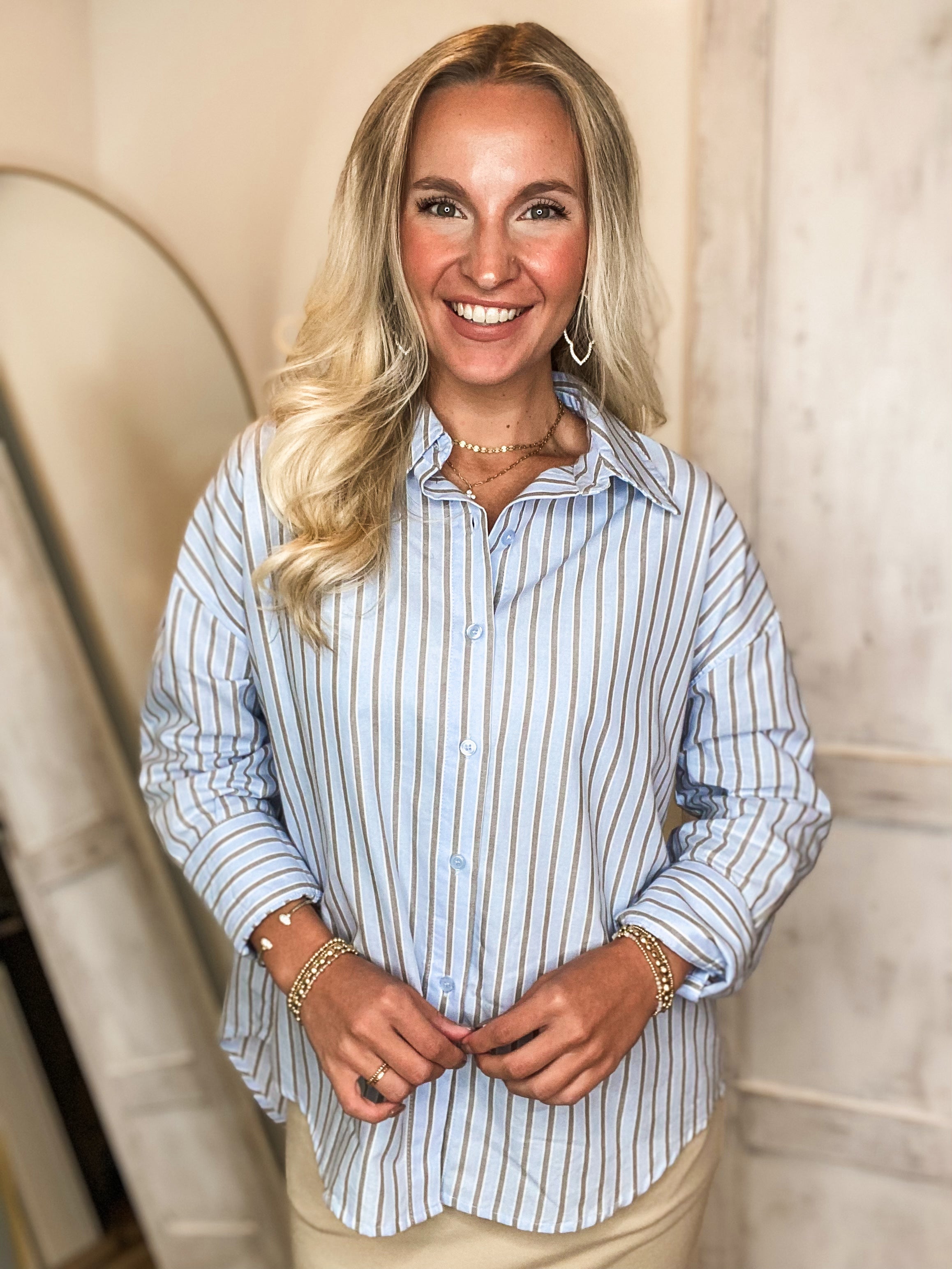 Considering You Baby Blue Striped Button Down Blouse