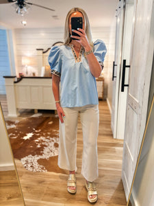 Giving My Best Powder Blue Leopard Contrast Blouse