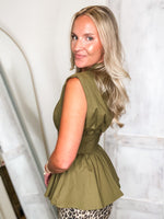 Load image into Gallery viewer, Same View Olive Zip Peplum Blouse

