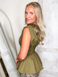 Same View Olive Zip Peplum Blouse