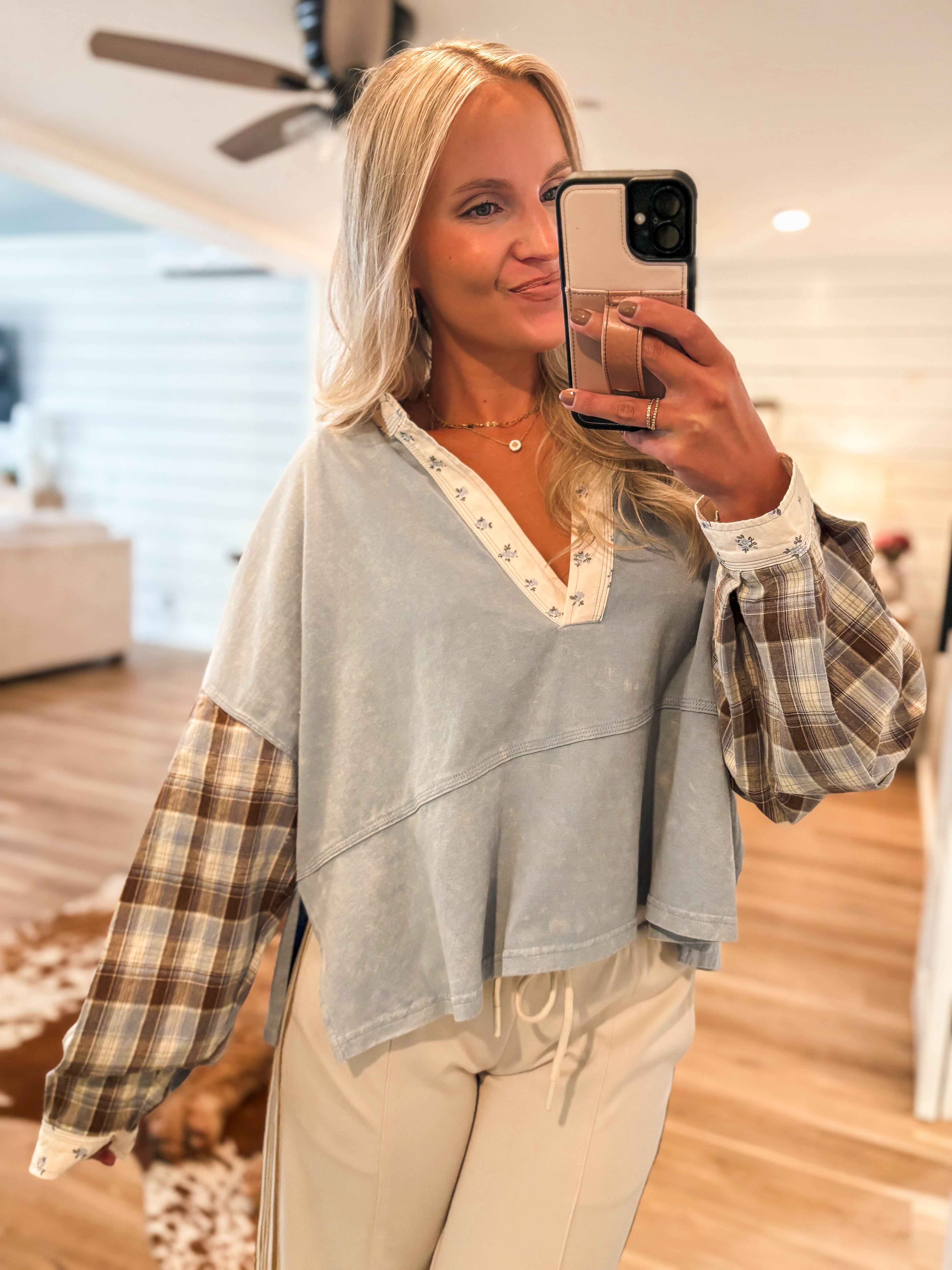 Fall Into Me Denim Blue Mineral Washed L/S Top