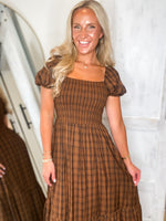 Load image into Gallery viewer, Saving Time Brown Plaid Midi Dress
