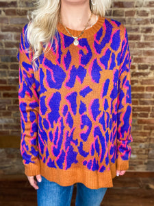 End It Right Rust & Royal Blue Animal Print Sweater