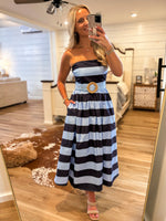 Load image into Gallery viewer, Going Somewhere Navy Stripe Strapless Midi Dress
