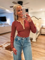 Load image into Gallery viewer, Stay True Burgundy &amp; Taupe Stripe Henley Top
