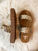 Load image into Gallery viewer, Wind It Up Gold Corkys Sandal
