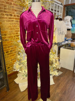 Load image into Gallery viewer, Sometime Or Another Magenta Velvet Button Down Blouse &amp; Pant Set
